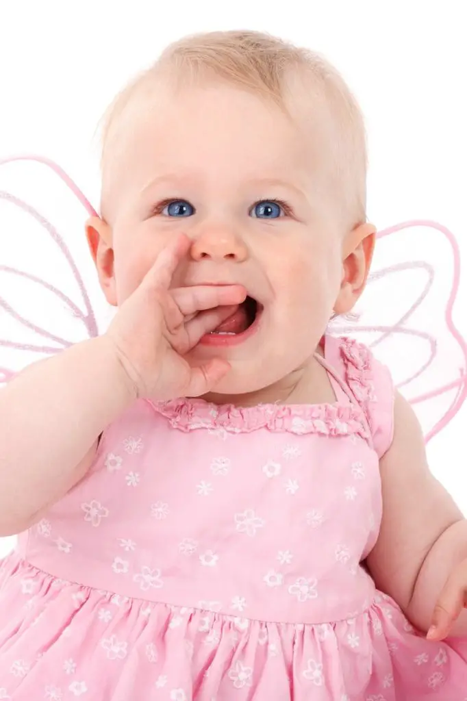 Cute baby girl with fingers in mouth
